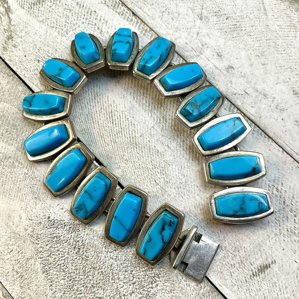 Taxco Mexico Sterling Silver 925 Vintage Turquoise Panel Link Bracelet 61.4g